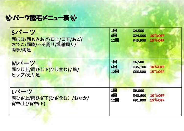 メンズパーツ脱毛料金表
